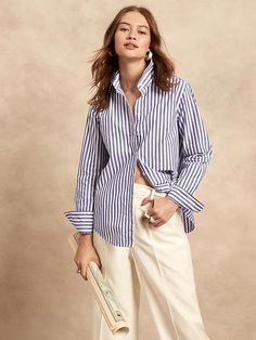 Classic-Fit Poplin Shirt | Banana Republic Effortless Cotton Shirt For Daywear, Black Ankle Pants, Women Shirt, Fashion Plates, Classic Outfits, Poplin Shirt, Work Fashion, Outfits Casuales, Classic Shirt