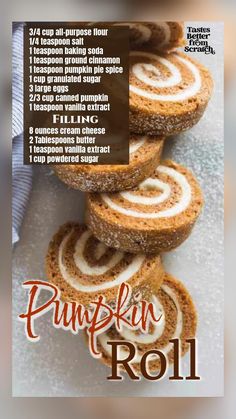 the recipe for pumpkin roll is displayed on a table