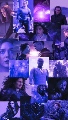 the collage shows many different people and their faces in blue, purple and black