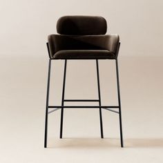 an upholstered bar stool with a black leather seat and backrest, viewed from the front