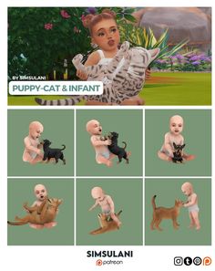 an animated image of a baby and cat in different poses with the caption puppy - cat & infant