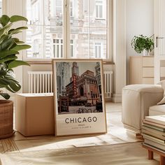 a living room filled with furniture and a poster on the wall next to a plant