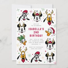 a birthday card with mickey mouses and other cartoon characters in red, white, and green