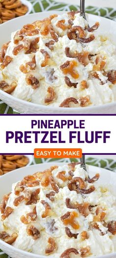 pineapple pretzel fluff in a white bowl with pecans on the side