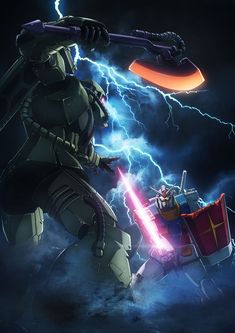 an image of a robot that is holding a light saber in his hand with lightning behind him