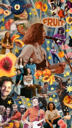 a collage of people with fruit and music