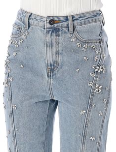 Crystal Embellished Denim By Self-portrait. Featuring: Light Blue Jeans Studded With Diamanthè High-waist Straight Leg Fly Front Closure Functional Pockets Model Is 1,72m And Wears Size 26. Composition: 100% cotton Lining, 65% pes, 35% cotton Studded Jeans, Versace Shop, Embellished Jeans, Embellished Denim, Light Blue Jeans, Designer Products, Luxury Dress, Yoga Wear, Fashion Labels