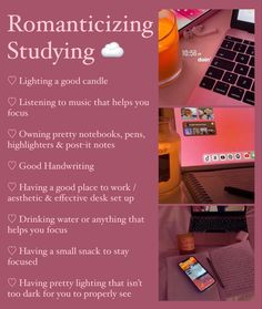 a pink poster with the words romanticizing studying and other things to do in front of it