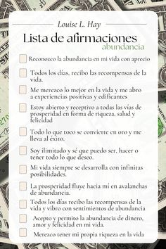 Lista de afirmaciones abundancia - Louise L Hay Spirituality Affirmations, Manifestation Miracle, Affirmation Of The Day, Coach Quotes, Morning Affirmations