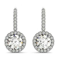 2 Carats Round Brilliant Diamonds Halo Drop Earrings | HarryChadEnt.com Bracelet Tennis, Big Diamond, Round Diamond Engagement Rings, White Gold Diamond Rings, Simple Earrings, Gold Diamond Rings, 2 Carat, Brilliant Diamond, Real Diamonds