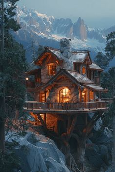 a tree house in the mountains with lights on