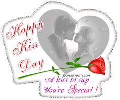 a happy kiss day card with a red rose and a couple kissing in the background