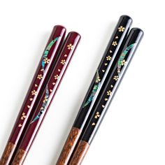 Two pairs of chopsticks, one with red and one with black handles, featuring moon and sakura design. Chopsticks Design, Chopsticks Set, Chopsticks, Bridal Showers, Cherry Blossoms, Wood Grain, Cherry Blossom, Natural Wood, Floating