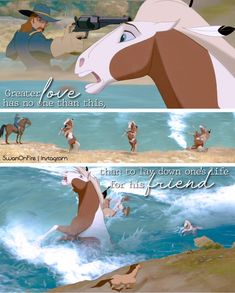 an animated horse is in the water with another horse behind it and text that reads, i