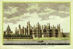 an old drawing of a large castle with towers and spires on the top floor