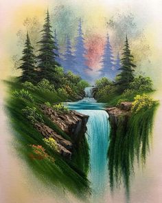 a painting of a waterfall in the woods