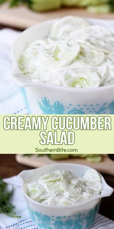 creamy cucumber salad in a blue and white bowl with the title above it