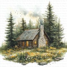 a painting of a log cabin in the woods