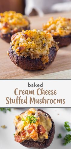 baked cream cheese stuffed mushrooms on a cutting board