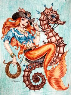 a drawing of a mermaid sitting on top of a seahorse with a hat and tail