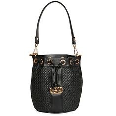 Versatile and visually stunning, the Hasley black leather bucket bag is an ultra luxe bag featuring an incredible hand woven upper , a padded leather handle and a detachable gold toned metal chain sling strap. The handy drawstring opening guarantees easy access. Made to be your new fashion favourite. Hang it on your shoulder to complement your blazer and pencil skirt ensemble. - Black handwoven leather upper - Cotton lined with drawstring closure. - Padded leather handle with a detachable metal Luxury Bucket Bag With Gold-tone Hardware Satchel, Chic Crossbody Bucket Bag, Shopping Bucket Bag With Chain Strap, Shopping Shoulder Bucket Bag With Chain Strap, Formal Gold Shoulder Bag With Braided Handles, Elegant Bags With Chain Strap In Bucket Shape, Elegant Bucket Bag With Chain Strap, Elegant Evening Bucket Bag With Braided Handles, Gold Shoulder Bag With Braided Handles For Formal Occasions