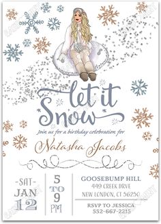 a snow fairy birthday party card with the words let it snow