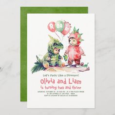 a birthday card with an image of two children in dinosaur costumes, one holding a balloon