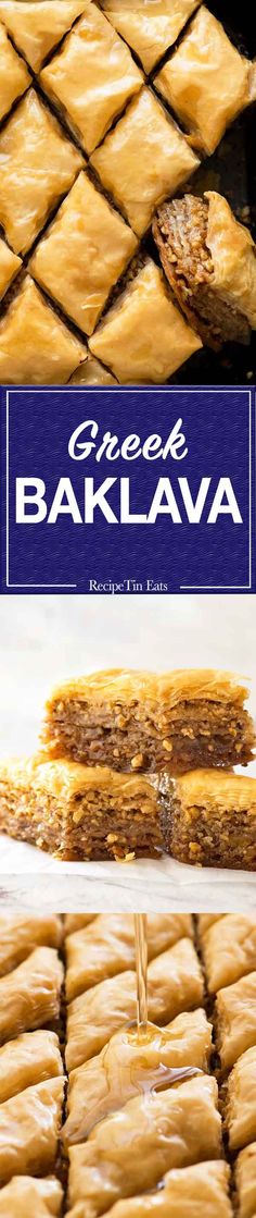 baked greek baklaa breads stacked on top of each other in front of a sign that reads greek bakala