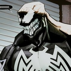 an animated image of a man with fangs on his face and arms, wearing a black suit