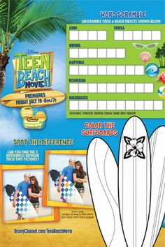 Disney's Teen Beach Movie Free Printables, Recipes and More activity sheet | SKGaleana Teen Beach Movie Characters, Teen Beach Movie Party, Movie Printables, Beach Movies, Teen Beach Party, Teen Beach Movie Aesthetic, Beach Printables, Teen Beach Movie Poster, Camping Party Decorations