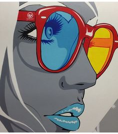 a painting of a woman wearing red sunglasses