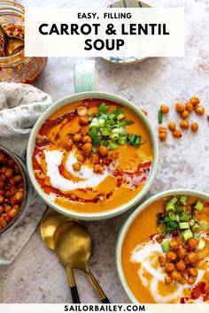 two bowls filled with carrot and lentil soup