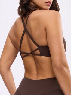 Glow Sports Bra - Cold Brew Fitted Nylon T-back Activewear, Fitted Yoga Bra With Built-in Padding, Fitted Racerback Bra With Built-in Padding, T-back Sports Bra With Medium Bust Support For Yoga, Fitted Racerback Activewear With Built-in Padding, Fitted Activewear With Built-in Bra For Pilates, High Stretch Strappy Back Sports Bra, High Stretch Sports Bra With Strappy Back, Sports Swimwear With Built-in Bra And Stretch