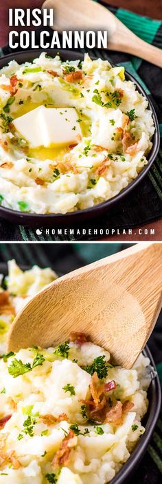 two pictures showing different types of mashed potatoes