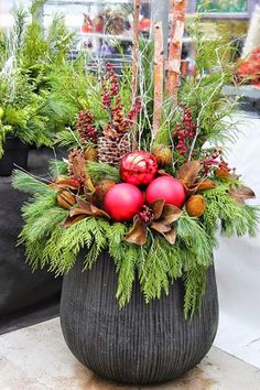 two potted plants with christmas decorations on them