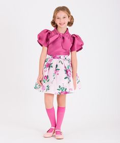 fuschia bow blouse and lilac floral skirt Elegant Pink Short Sleeve Sets, Pink Formal Sets For Summer, Formal Spring Short Sleeve Sets, Formal Short Sleeve Spring Sets, Bow Outfit, Rose Prints, Girls Dress Shoes, Playful Style, Blouse Skirt