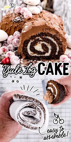 Yule Log Cake Yule Log Cake Recipe Easy, Christmas Recipes Dessert, Holiday Dessert Table, Chocolate Roll Cake, Yule Log Cake, Best Christmas Desserts, Chocolate Ganache Frosting