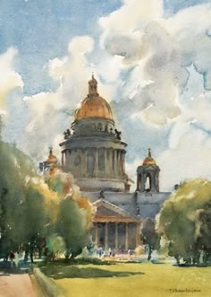 a watercolor painting of the state capitol building in washington, d c on a cloudy day