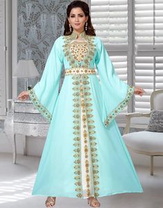 There’s no going wrong with an outfit this pretty! ✨ Muslim Sky Blue Stand Collar Style Moroccan Kaftan Grab it Now: https://bit.ly/3umA6Lw Apply Code : BTGO-30 buy 2 item get 1 at 30% off #fancykaftandress #indiankaftandress #kaftanabayadress #kaftandressdubai #kaftandressesindia #arabicattire #caftan Kaftan Embroidery, Kaftan Hijab, Caftan Moroccan, Blue Kaftan, Modest Evening Dress, Zari Embroidery, Moroccan Kaftan, Wedding Saree Indian, Zari Work