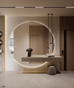 a modern bathroom with circular mirror and lights