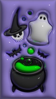 a purple background with black and green items