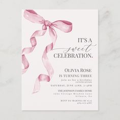 a pink ribbon birthday party card with the words, it's a free celebration