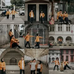 a collage of people in orange shirts and black pants posing for pictures on the street