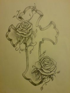 a drawing of a cross with roses on it and the letter e in the middle