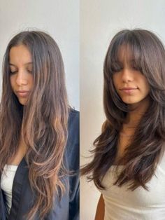 Layer Bangs Haircut, Hair Cut With Bangs For Girl Long, Layered Hair Thinner Hair, Shaggy Cut Long Hair, Haircut For Round Face Long Hair, Long Wolf Cut Straight Hair Round Face, Lion Haircut Women, Very Wispy Bangs, 35 Year Old Haircut Women