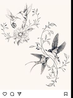 a black and white drawing of two birds flying next to each other with flowers in the background