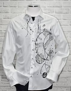 Experience luxe style with the Shades of Black Hand Painted shirt! Crafted with rich white cotton sateen fabric and featuring a custom hand painted abstract geometric pattern, this shirt stands out from the rest. With a classic shaped fit for a timeless look, this unique design is an exclusive to Marcello. Painted Shirt, Abstract Geometric Pattern, Custom Hand Painted, Black Hand, Shades Of Black, Fabric Painting