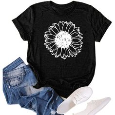 PRICES MAY VARY. 🌼【Premium Fabrics】Suggest hand/machine wash cold water, dry flat, not bleach. Do not tumble dry. This summer sunflower graphic tops for women are made of high-quality material. Soft and smooth. 65% Cotton, 35% Polyester t-shirt. Comfortable and has a good stretch. Comfy sunflower printed tee tops, novelty funny sunflower shirts top women. Soft fabric with a little stretchy, breathable to wear. It's not only light but also absorbs sweat. 🌼【Design】Sunflower shirts for women. Uni Sunflower T Shirt, Baseball Tees For Women, Summer Sunflower, Christmas Tee Shirts, Loose Tees, Graphic Tees Vintage, Flower Graphic, Top Shirt Women, Cute Flower