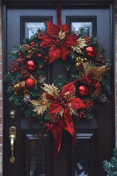 Festive holiday wreath with red and gold decorations on a dark brown door. Christmas Wrapping Ideas, Unique Holiday Decor, Christmas Picks, Diy Christmas Wreaths