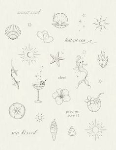 a drawing of different things that are drawn in pencil and ink on paper, with the words lost at sea above them